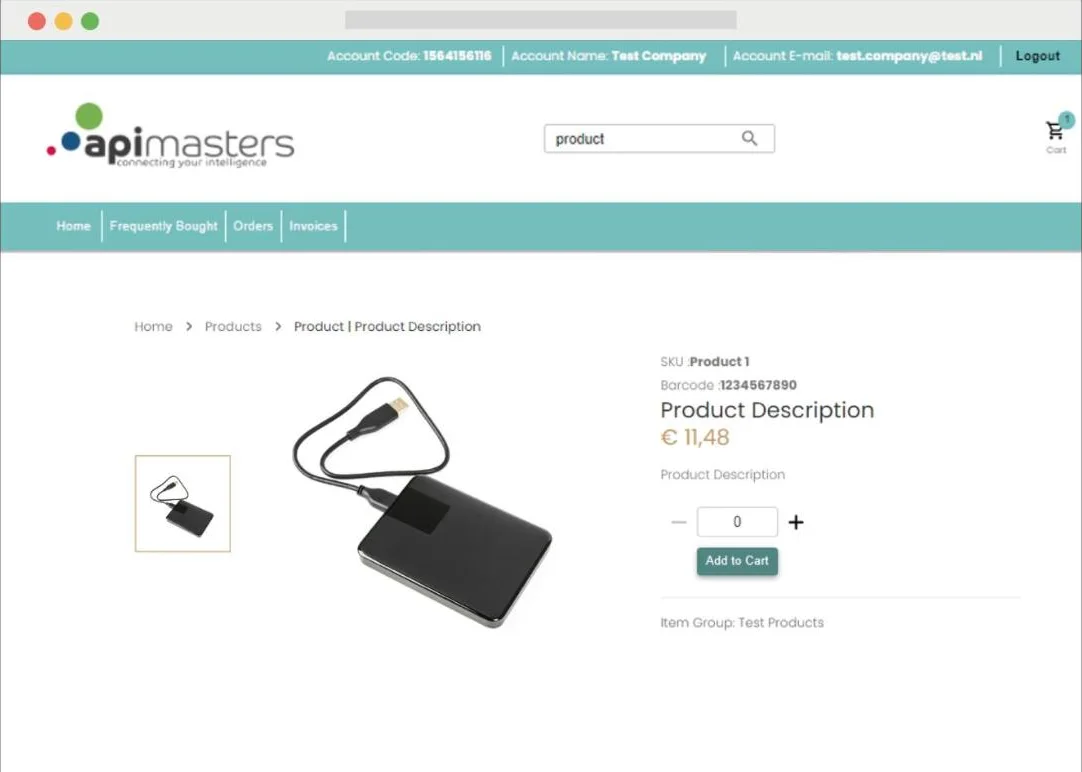Productpagina in het B2B Bestelportaal met artikelcode, barcode, omschrijving, prijs, aantalveld en knop om toe te voegen aan de winkelwagen; bovenin de ingelogde klant met accountcode en bedrijfsnaam